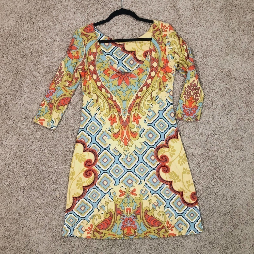 Joyous & Free Paisley Beaded 3/4 Sleeve Scoop Back Stretch Knit Shift Dress XS - Picture 5 of 14